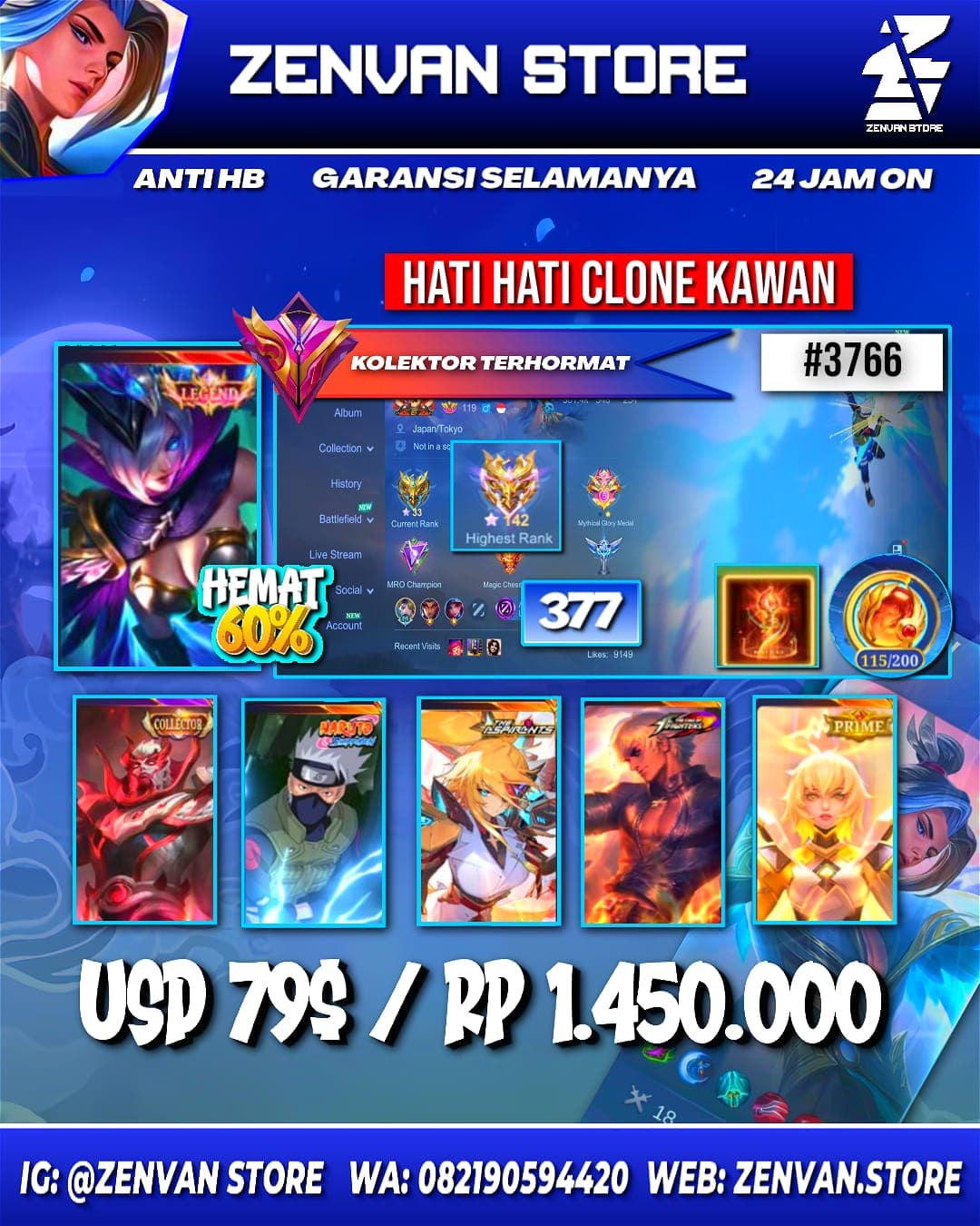 Foto akun ML #3766 🔥 377 Skins 🔥 Legend Miya 🔥 Collectors Yu Zhong & Natalia 🔥 Kakashi 🔥 Aspirant Lesley 🔥 Prime Beatrix 🔥 Full Stun 🔥 Transformers Roger 🔥 KoF Gusion & Karina 🔥 SpongeBob 🔥 Many Limited - gambar 1