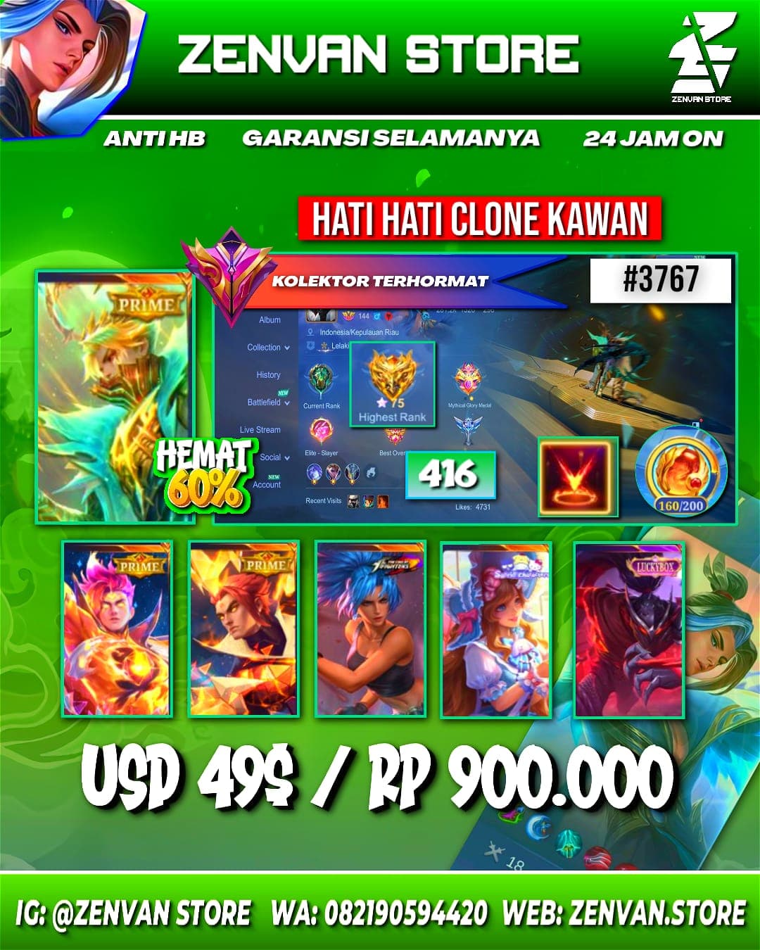 Foto akun ML #3767 🔥 448 Skins 🔥 Collector Natalia 🔥 Prime Granger, Claude & Yu Zhong 🔥 SpongeBob 🔥 Stun Chou 🔥 KoF Karina 🔥 Many Limited 🔥 Many Zodiacs 🔥 Many Epic 🔥 Safe Account ✅ - gambar 1