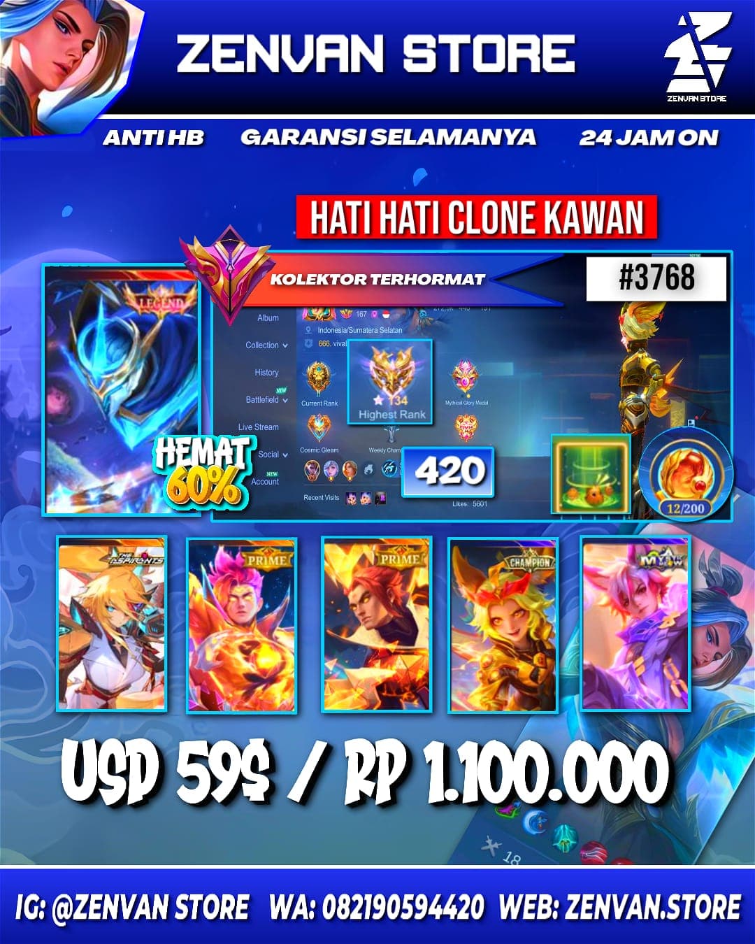 Foto akun ML #3768 🔥 420 Skins 🔥 Legend Gusion 🔥 Collector Natalia 🔥 Aspirant Lesley 🔥 Prime Claude & Yu Zhong 🔥 SpongeBob 🔥 KoF Karina 🔥 Many Limited 🔥 Many Zodiacs 🔥 Many Epic 🔥 Safe Account ✅ - gambar 1