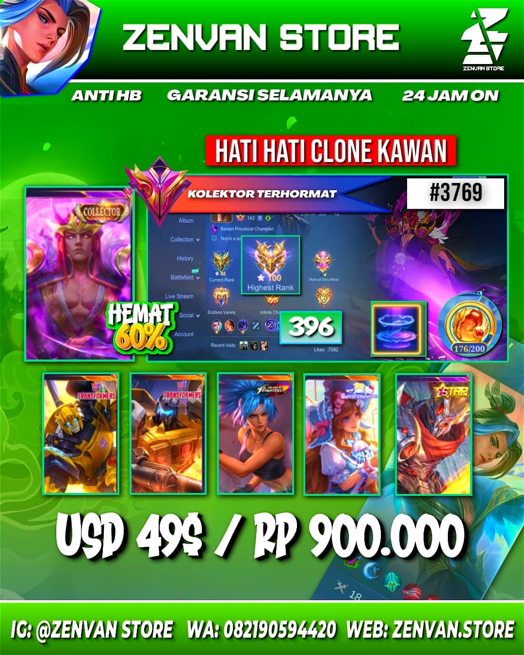 Foto akun ML #3769 🔥 394 Skins 🔥 Collectors Valir & Natalia 🔥 Transformers Roger & X Borg 🔥 Stun Brody 🔥 SpongeBob 🔥 KoF Karina 🔥 Many Limited 🔥 Many Zodiacs 🔥 Many Epic 🔥 Safe Account ✅ - gambar 1