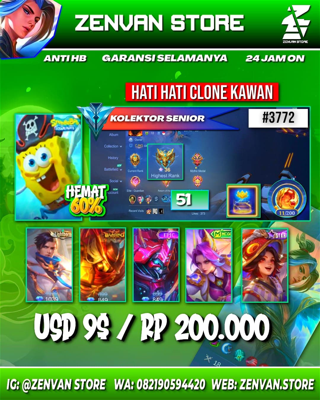 #3772 🔥 51 Skins 🔥 SpongeBob 🔥 Leaderboard Granger 🔥 Many Epic 🔥 Safe Account ✅