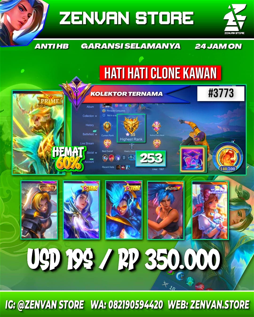 #3773 🔥 253 Skins 🔥 Collector Natalia 🔥 Prime Granger 🔥 SpongeBob 🔥 KoF Karina 🔥 Many Limited 🔥 Many Zodiacs 🔥 Many Epic 🔥 Safe Account ✅