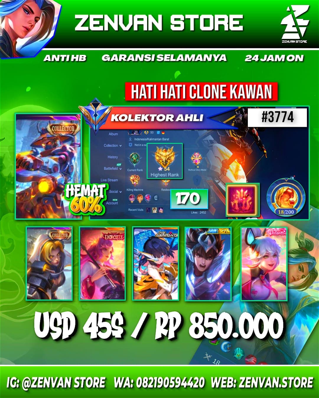 #3774 🔥 170 Skins 🔥 Collectors Natalia & Yin Sun Shin 🔥 Exorcist Kagura 🔥 Aspirant Ruby 🔥 Gara 🔥 Many Epic 🔥 Safe Account ✅