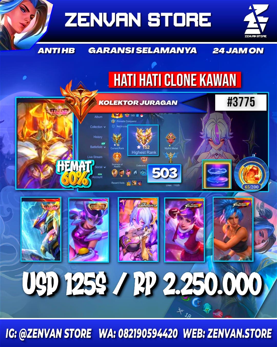 Foto akun ML #3775 🔥 503 Skins 🔥 Legends Jhonson & Saber 🔥 Collectors Wanwan & Natalia 🔥 Aspirant Vexana 🔥 Prime Granger, Beatrix & Claude 🔥 Transformers Roger 🔥 KoF Guinevere & Karina 🔥 SpongeBob 🔥 Many - gambar 1