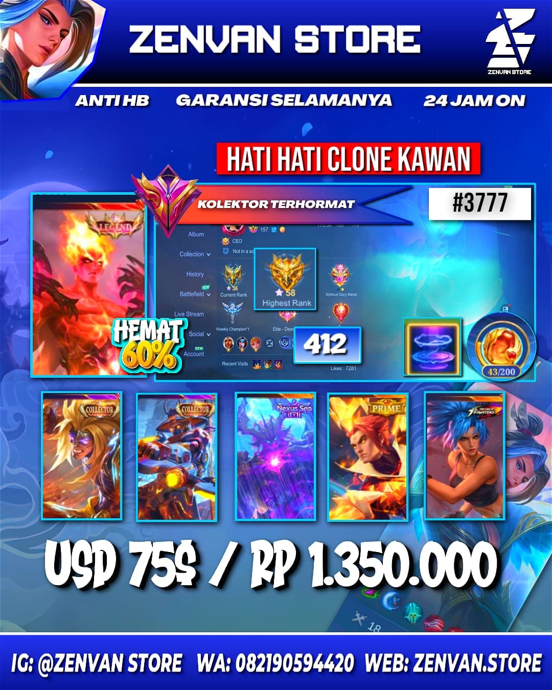 Foto akun ML #3777 🔥 412 Skins 🔥 Legend Valir 🔥 Collectors Yin Sun Shin, Badang & Natalia 🔥 Prime Claude & Yu Zhong 🔥 11.11 Thamuz 🔥 M-World Ling 🔥 Transformers Roger 🔥 SpongeBob 🔥 KoF Karina 🔥 Many Limi - gambar 1