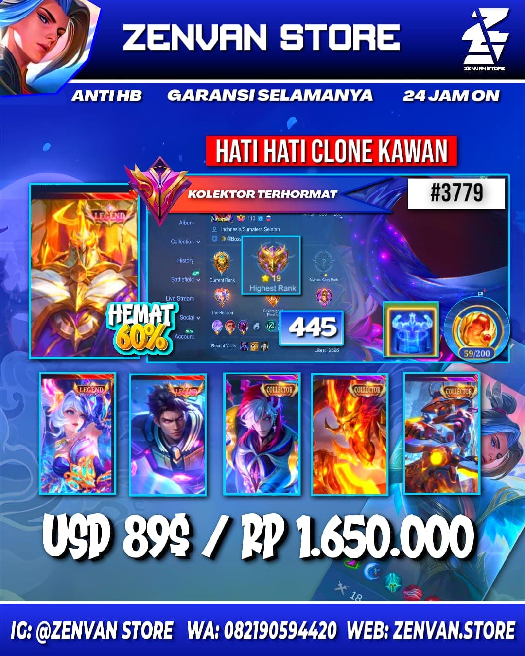 Foto akun ML #3779 🔥 445 Skins 🔥 Legends Jhonson, Layla & Alucard 🔥 Collectors Aamon, Hanzo, Valir & Yin Sun Shin 🔥 Aspirant Vexana 🔥 Sanrio Chang’e & Floryn 🔥 Prime Granger 🔥 M-World Ling 🔥 KoF Dyroth & K - gambar 1
