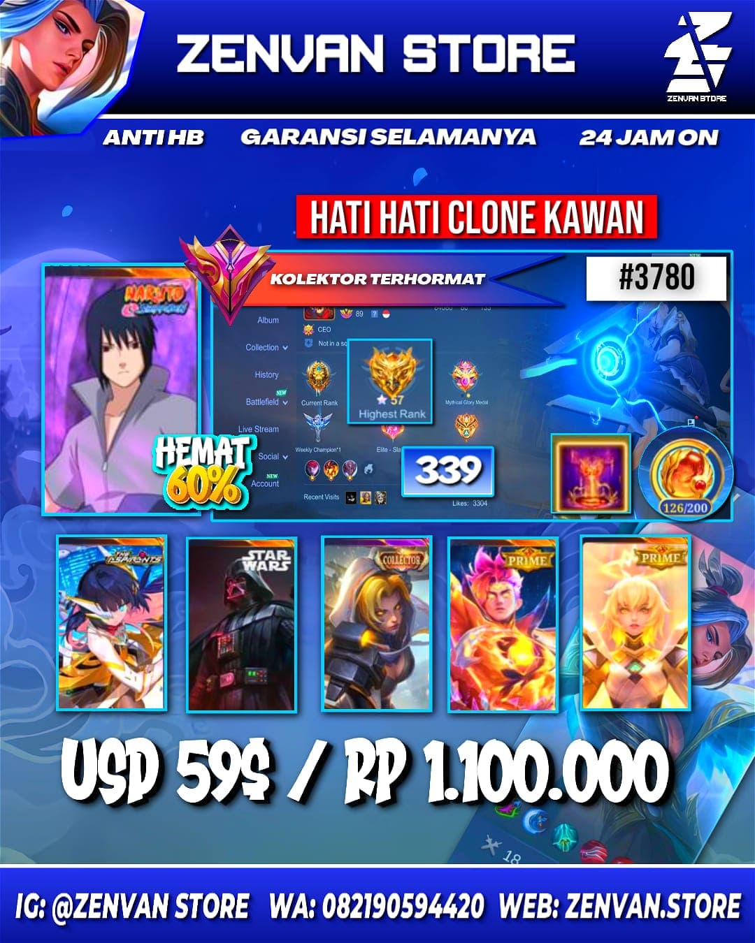 #3780 🔥 339 Skins 🔥 Collector Natalia 🔥 Sasuke 🔥 Star Wars Argus 🔥 Aspirant Ruby 🔥 Prime Claude & Beatrix 🔥 Sanrio Floryn 🔥 SpongeBob 🔥 KoF Karina 🔥 Many Limited 🔥 Many Zodiacs 🔥 Many Epic