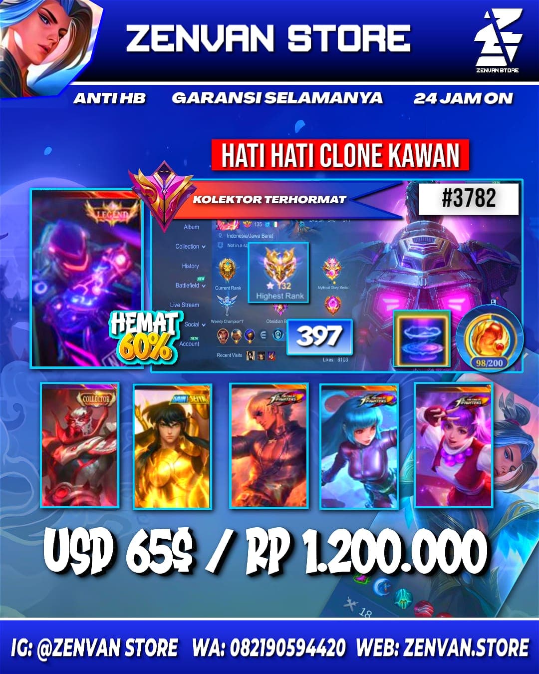 #3782 🔥 397 Skins 🔥 Legend Alucard 🔥 Collector Yu Zhong 🔥 Saint Seiya Chou 🔥 Prime Granger, Yu Zhong & Beatrix 🔥 Transformers Roger 🔥 KoF Gusion, Guinevere, Aurora & Karina 🔥 SpongeBob 🔥 Many