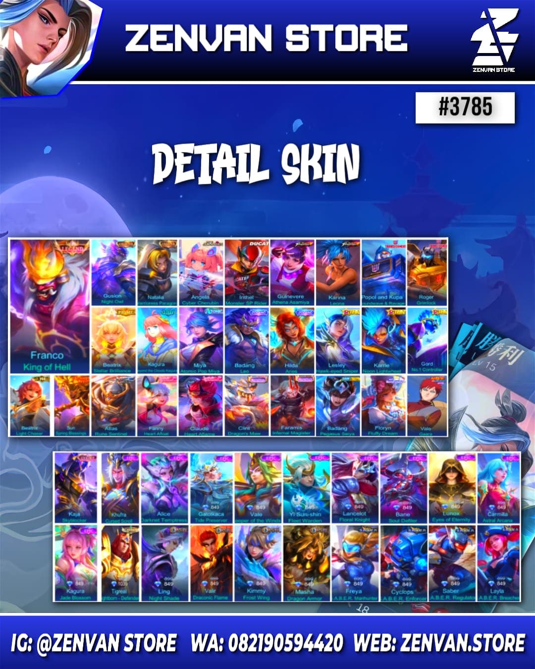#3785 🔥 330 Skins 🔥 Legend Franco 🔥 Collectors Gusion & Natalia 🔥 Aspirant Angela 🔥 Ducati Irithel 🔥 Transformers Popol & Roger 🔥 Prime Beatrix 🔥 KoF Guinevere & Karina 🔥 Many Limited 🔥 Many
