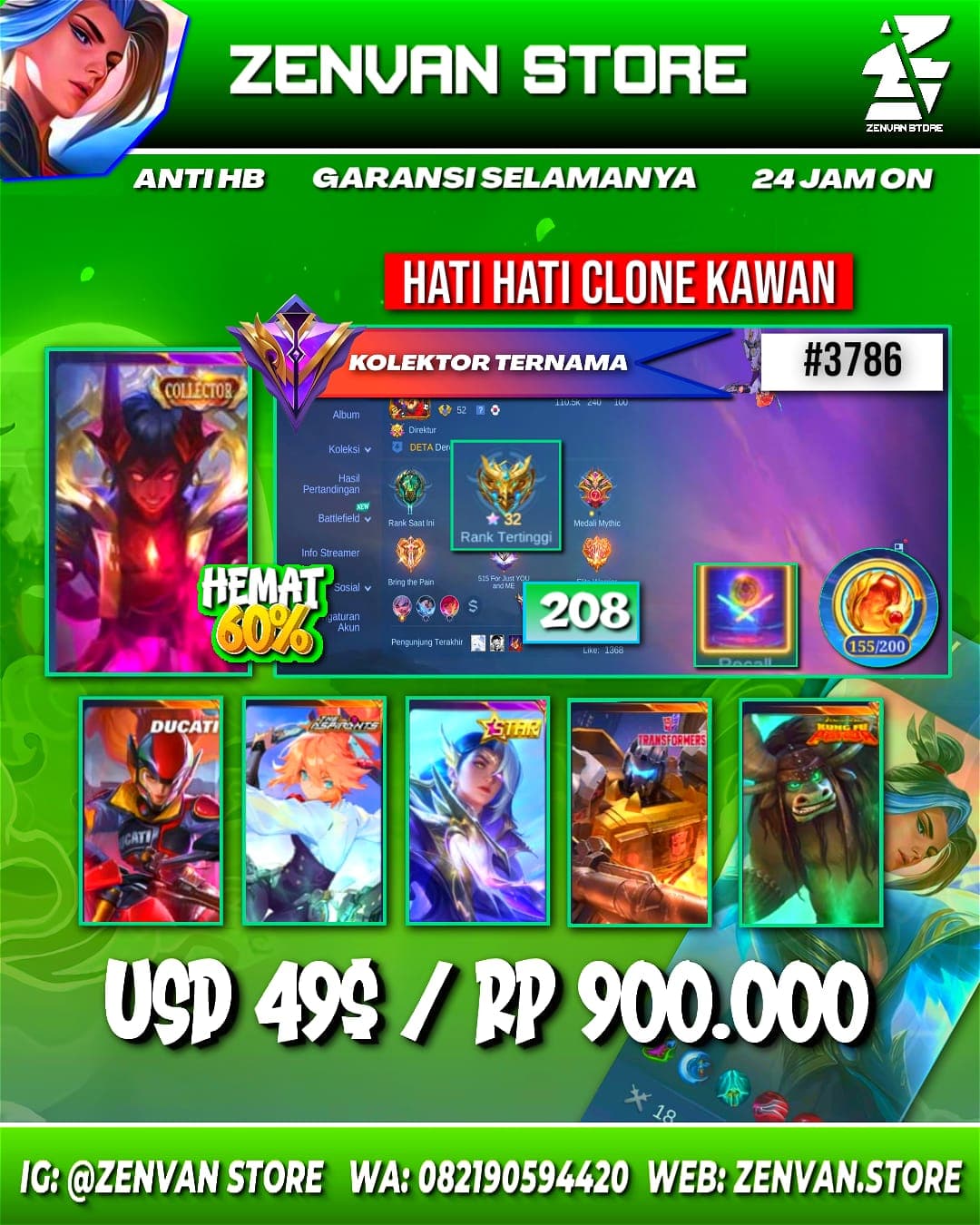 #3786 🔥 208 Skins 🔥 Collectors Dyroth & Natalia 🔥 Aspirant Fanny 🔥 Ducati Irithel 🔥 Transformers Roger 🔥 Sanrio Floryn 🔥 Many Limited 🔥 Many Zodiacs 🔥 Many Epic 🔥 Safe Account ✅