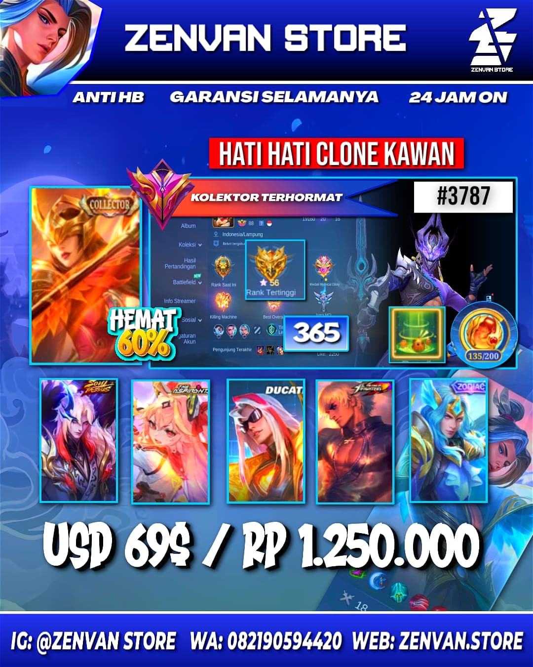 #3787 🔥 365 Skins 🔥 Collector Pharsa 🔥 Soul Vessel Cecilion 🔥 Ducati Leomord 🔥 Aspirant Guinevere 🔥 Prime Granger & Claude 🔥 Sanrio Floryn 🔥 SpongeBob & Petrix 🔥 KoF Gusion & Karina