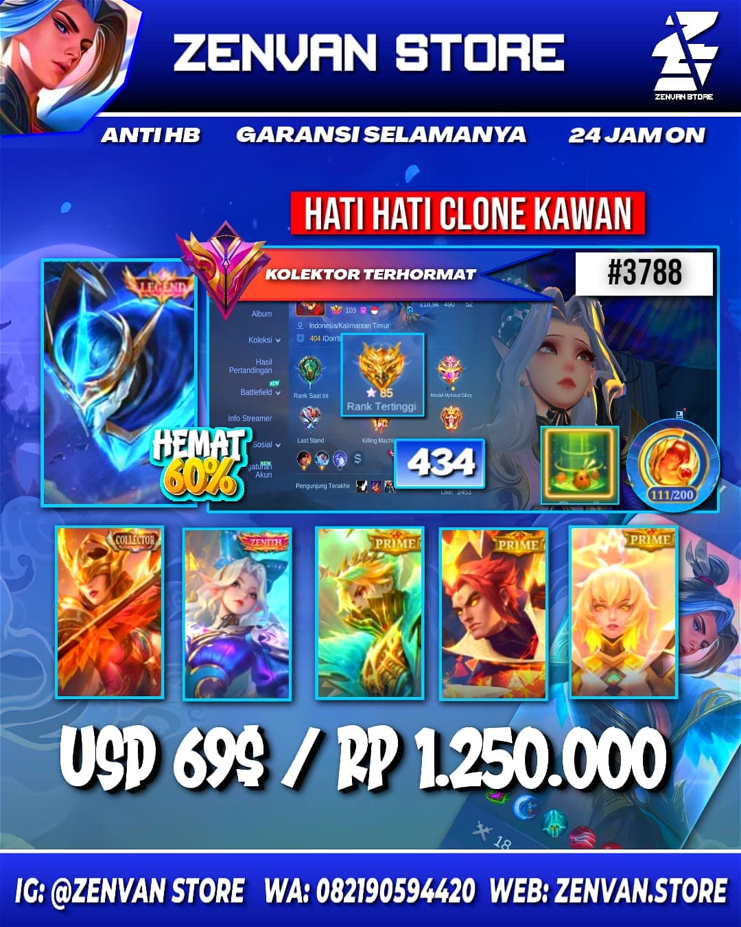 #3788 🔥 434 Skins 🔥 Collector Pharsa 🔥 Ducati Leomord 🔥 Soul Vessel Cecilion 🔥 Aspirant Guinevere 🔥 Prime Granger & Claude 🔥 M-World Wanwan 🔥 SpongeBob & Petrix 🔥 KoF Gusion & Karina 🔥 Many