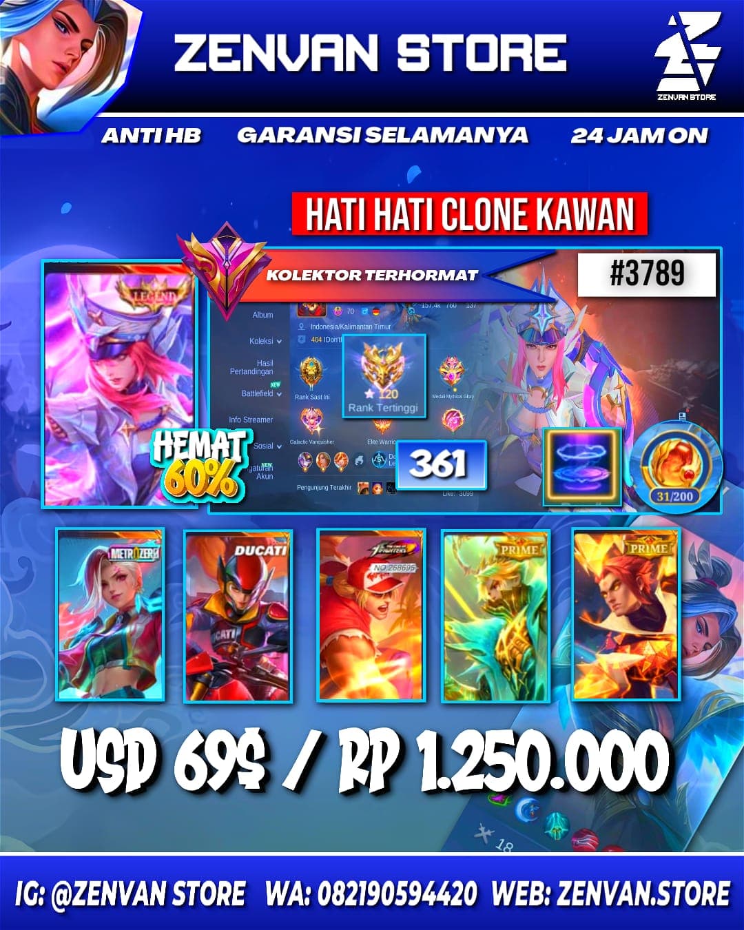#3789 🔥 361 Skins 🔥 Legend Freya 🔥 Zero Ixia 🔥 Aspirant Angela 🔥 Ducati Irithel 🔥 Prime Granger & Yu Zhong 🔥 SpongeBob 🔥 KoF Paquito & Karina 🔥 Many Limited 🔥 Many Zodiacs 🔥 Many Epic 🔥 Sa