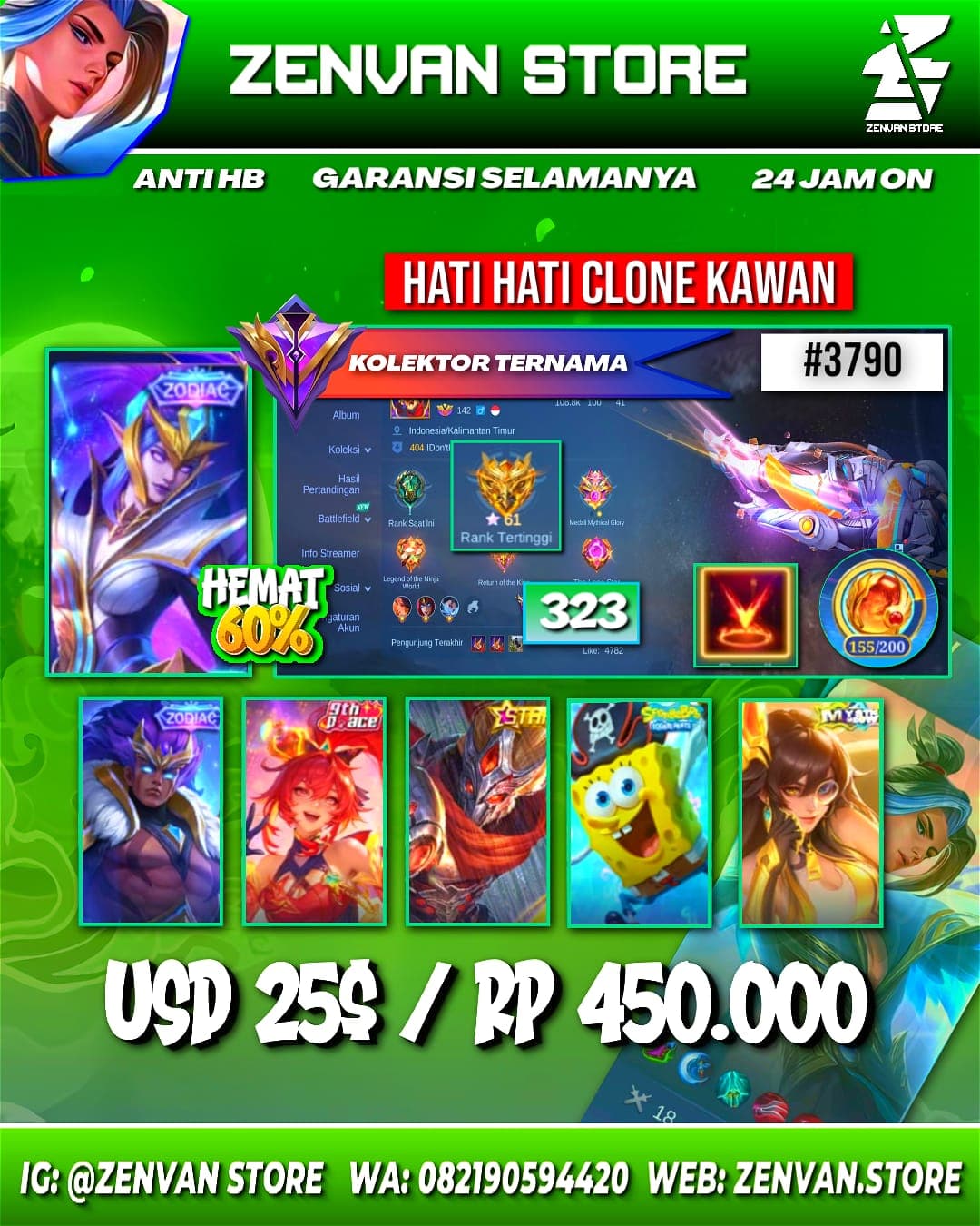 #3790 🔥 323 Skins 🔥 SpongeBob 🔥 Transformers Roger 🔥 KoF Karina 🔥 Many Limited 🔥 Many Zodiacs 🔥 Many Epic 🔥 Safe Account ✅