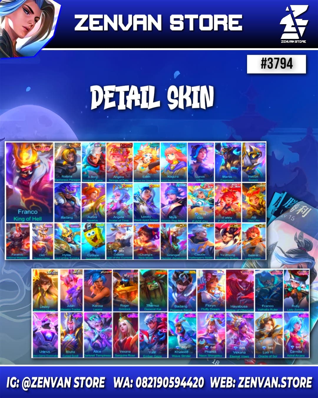 #3794 🔥 469 Skins 🔥 Legend Franco 🔥 Collector Natalia 🔥 Zero X Borg 🔥 Kinshin Angela 🔥 Clouds Edith & Kagura 🔥 SpongeBob 🔥 KoF Karina 🔥 Many Limited 🔥 Many Zodiacs 🔥 Many Epic 🔥 Safe Accou