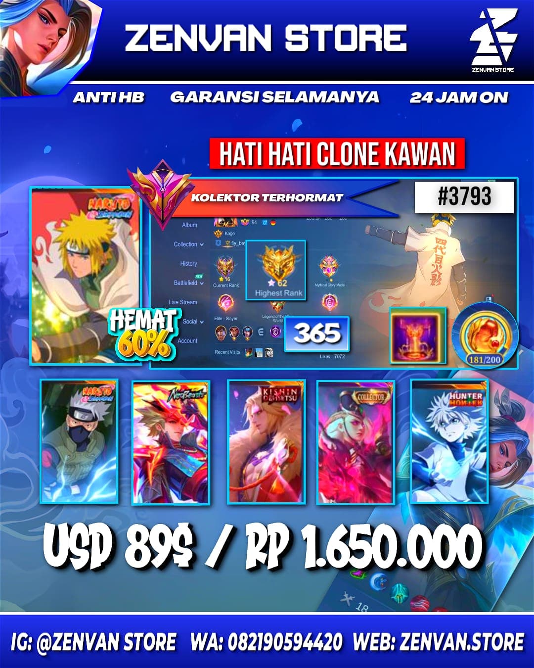 #3793 🔥 365 Skins 🔥 Collectors Lesley & Natalia 🔥 Minato 🔥 Kakashi 🔥 Neobeast Ling 🔥 Kinshin Lancelot 🔥 Hunter x Hunter Killua 🔥 Attack on Titan Eren 🔥 Prime Granger, Claude & Beatrix 🔥 Stun