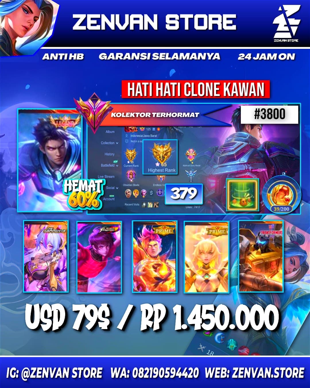 Foto akun ML #3800 🔥 379 Skins 🔥 Legend Alucard 🔥 Collector Natalia 🔥 Aspirant Vexana 🔥 Prime Claude & Beatrix 🔥 M-World Yin 🔥 Transformers Roger 🔥 SpongeBob 🔥 KoF Dyroth & Karina 🔥 Many Limited 🔥 Many - gambar 1