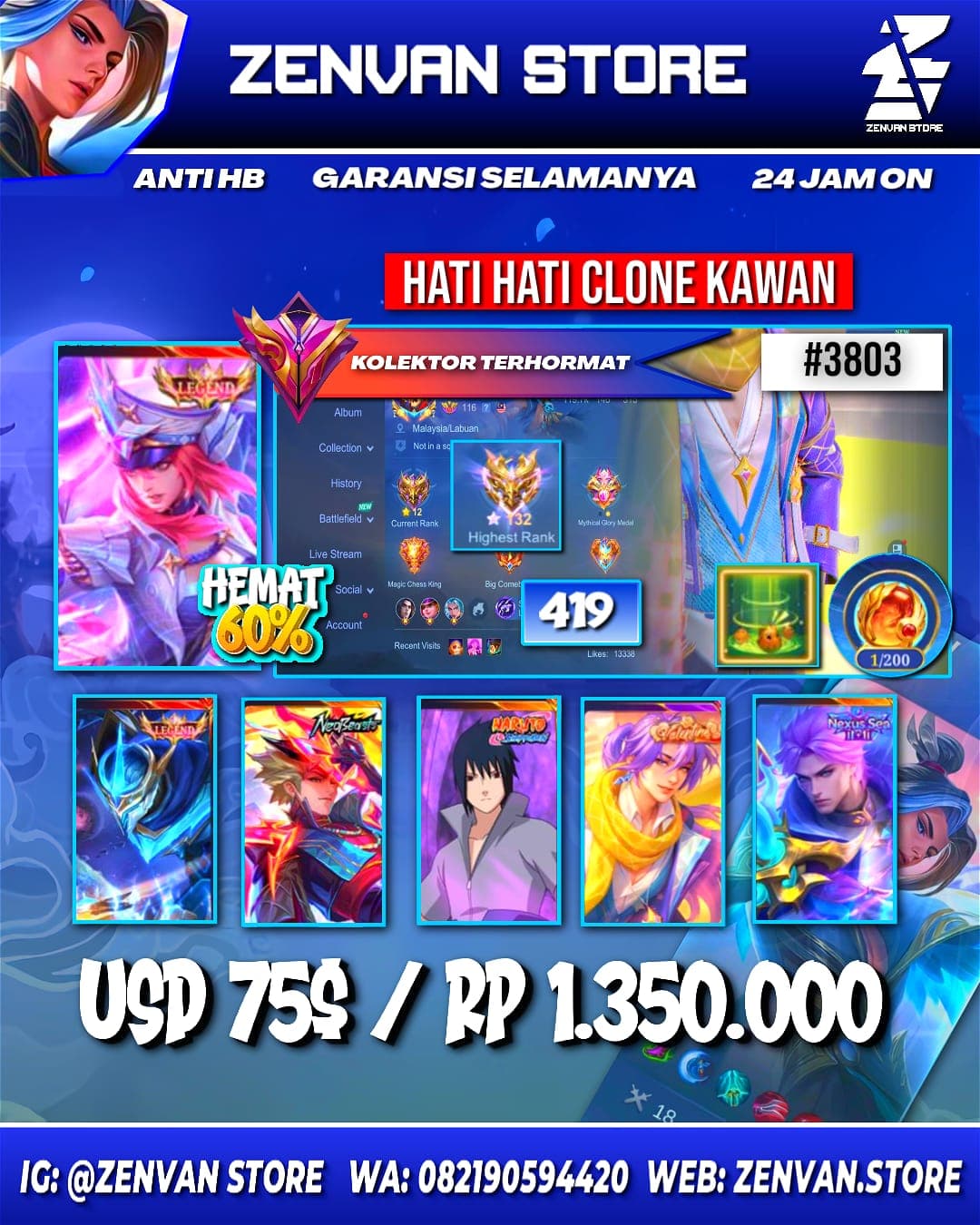 #3803 🔥 419 Skins 🔥 Legends Freya & Gusion 🔥 Collectors Pharsa & Natalia 🔥 Valentine Lancelot 🔥 Neobeast Ling 🔥 Sasuke 🔥 11.11 Nolan 🔥 Ducati Benedetta 🔥 Prime Yu Zhong 🔥 Stun Selena 🔥 Spon