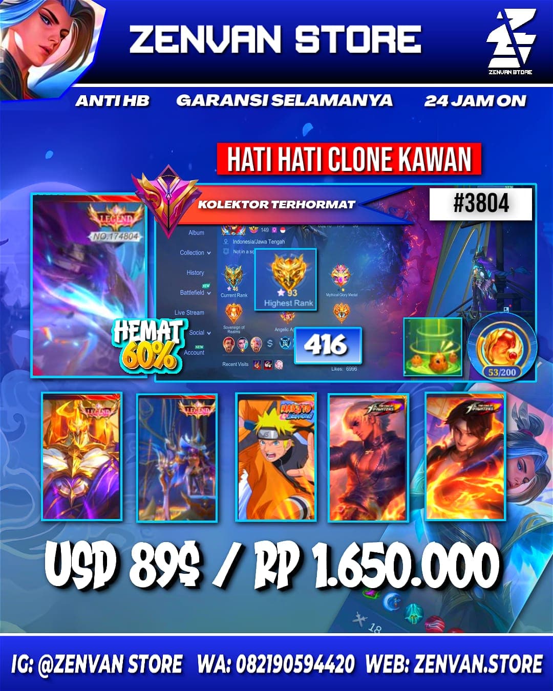 Foto akun ML #3804 🔥 416 Skins 🔥 Legends Lesley, Jhonson & Alpha 🔥 Collector Natalia 🔥 Naruto 🔥 Prime Granger 🔥 Transformers Roger 🔥 KoF Gusion, Valir & Karina 🔥 SpongeBob 🔥 - gambar 1