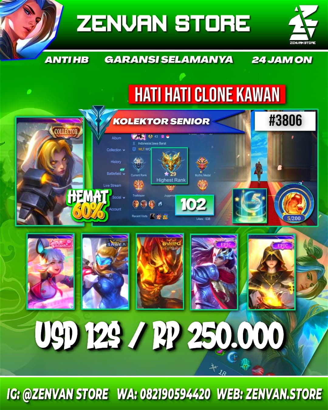 #3806 🔥 102 Skins 🔥 Collector Natalia 🔥 Valentine Fanny 🔥 Many Special 🔥 Many Epic 🔥 Safe Account ✅