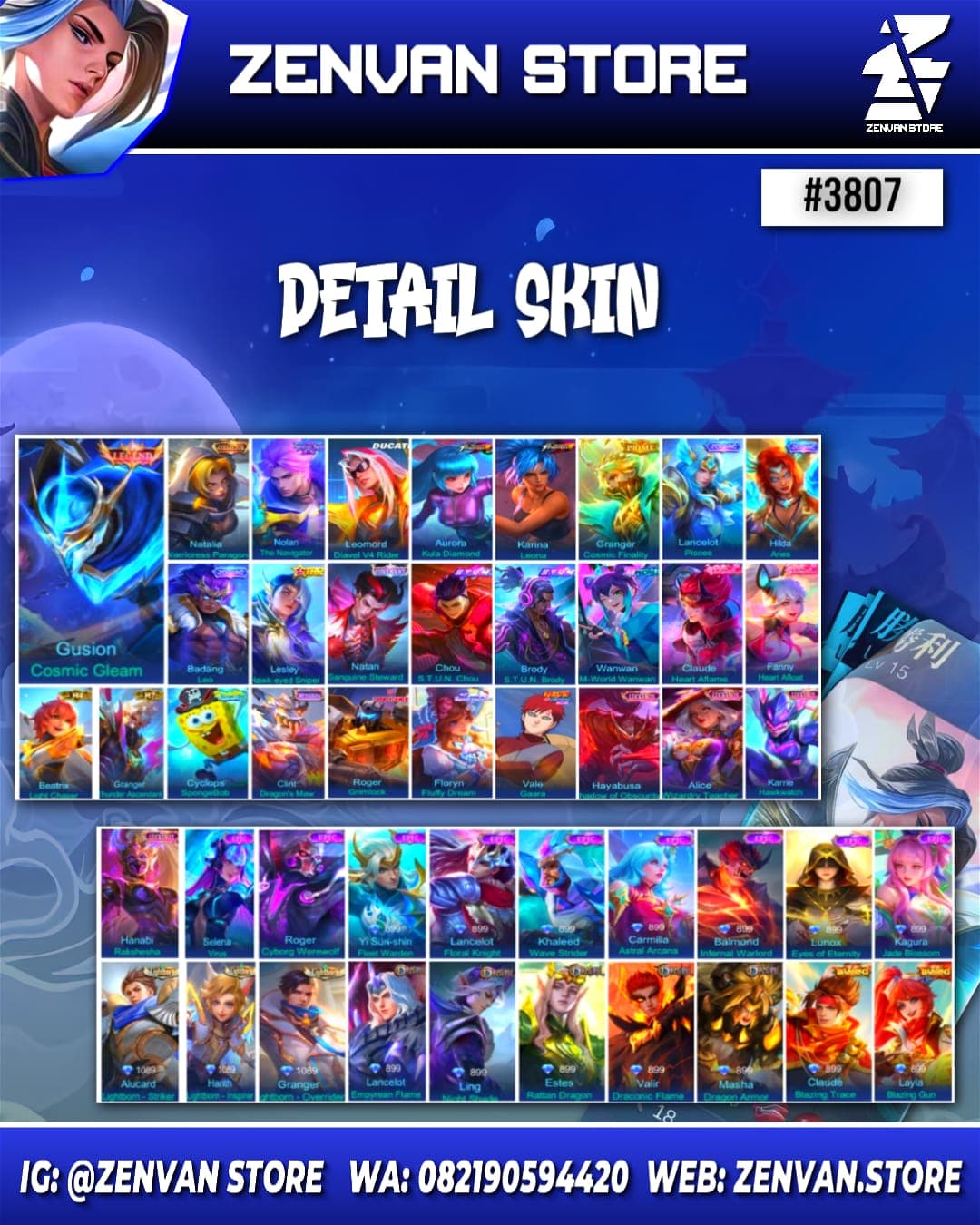 Foto akun ML #3807 🔥 364 Skins 🔥 Legend Gusion 🔥 Collector Natalia 🔥 11.11 Nolan 🔥 Ducati Leomord 🔥 Prime Granger 🔥 Stun Chou & Brody 🔥 M-World Wanwan 🔥 Transformers Roger 🔥 SpongeBob 🔥 KoF Aurora & Kar - gambar 1