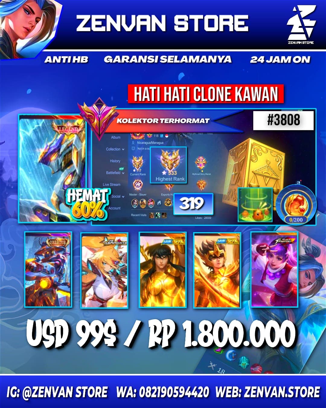 Foto akun ML #3808 🔥 319 Skins 🔥 Legend Saber 🔥 Collectors Yin Sun Shin & Natalia 🔥 Aspirant Lesley 🔥 Saint Seiya Chou & Badang 🔥 Prime Granger 🔥 KoF Guinevere & Karina 🔥 SpongeBob & Petrix 🔥 Many Limited - gambar 1