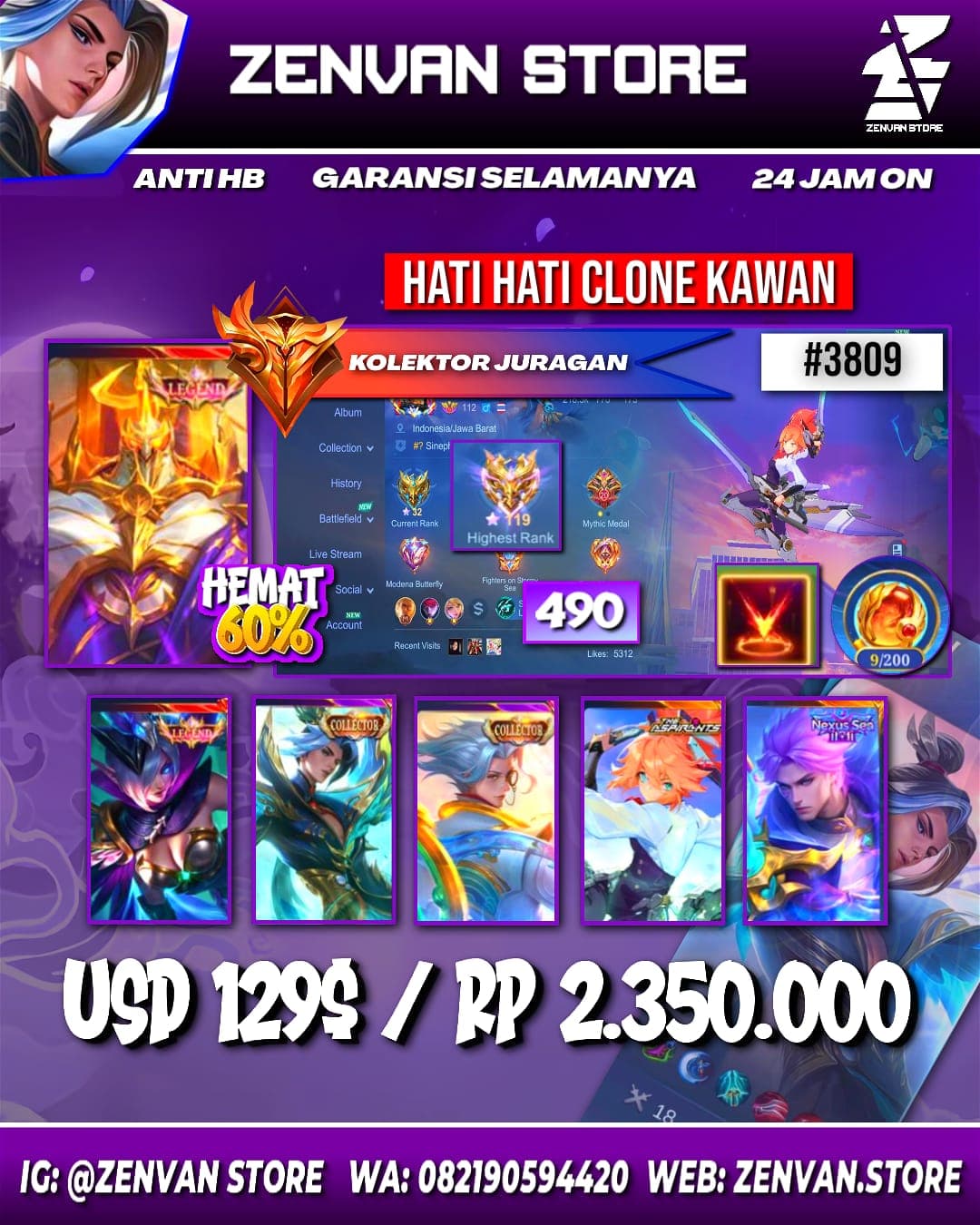 Foto akun ML #3809 🔥 490 Skins 🔥 Legends Jhonson & Miya 🔥 Collectors Ling, Natan & Natalia 🔥 11.11 Nolan 🔥 Soul Vessel Hanabi 🔥 Aspirant Fanny & Layla 🔥 Prime Claude 🔥 KoF Dyroth, Aurora & Karina 🔥 Many L - gambar 1