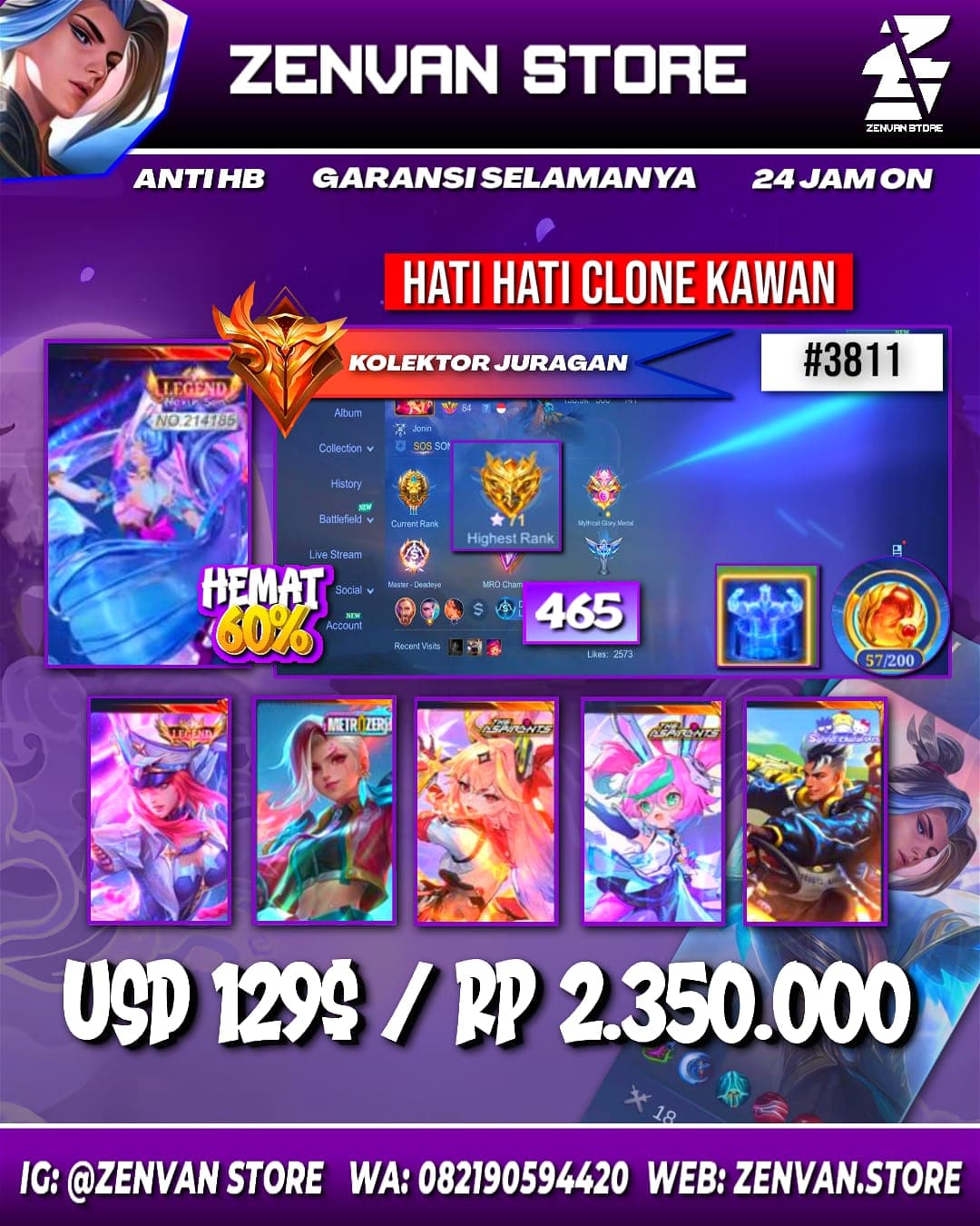 Foto akun ML #3811 🔥 465 Skins 🔥 Legends Layla & Freya 🔥 Collector Natalia 🔥 Zero Ixia 🔥 Aspirant Guinevere & Chang’e 🔥 Sanrio Claude & Floryn 🔥 Full Prime 🔥 Transformers Roger 🔥 SpongeBob 🔥 Many Limited - gambar 1