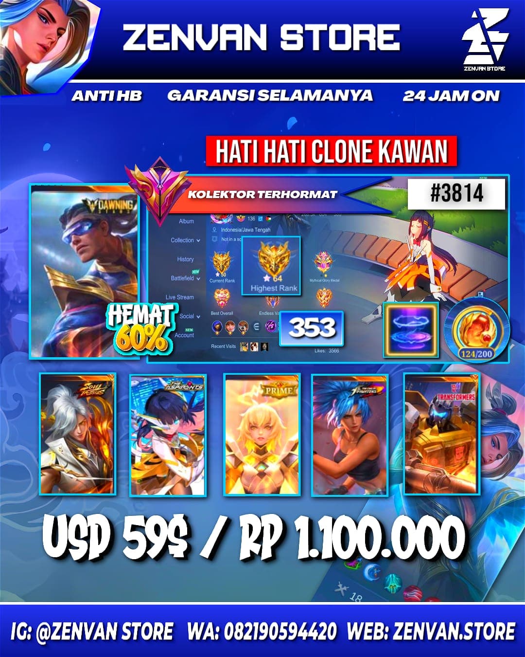 Foto akun ML #3814 🔥 353 Skins 🔥 Collector Natalia 🔥 Drawing Bruno 🔥 Soul Vessel Aamon 🔥 Aspirant Ruby 🔥 Prime Beatrix 🔥 M-World Ling 🔥 Transformers Roger 🔥 SpongeBob 🔥 Many Limited 🔥 Many Zodiacs 🔥 Ma - gambar 1