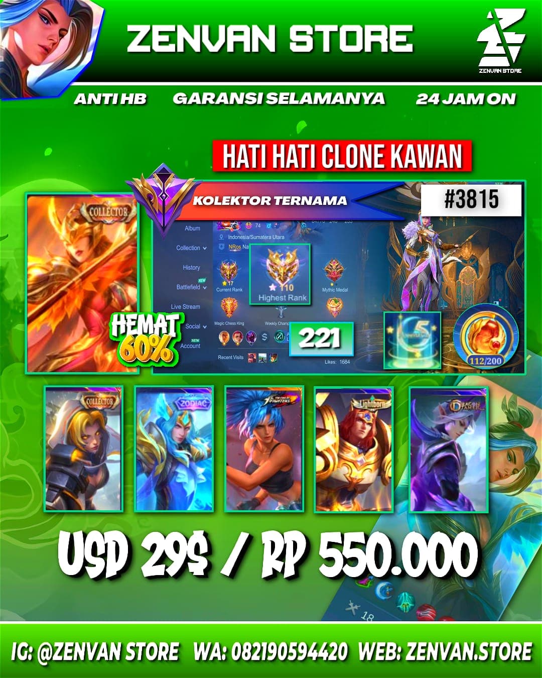 Foto akun ML #3815 🔥 221 Skins 🔥 Collectors Pharsa & Natalia 🔥 SpongeBob 🔥 M-World Wanwan 🔥 KoF Karina 🔥 Many Epic 🔥 Safe Account ✅ - gambar 1