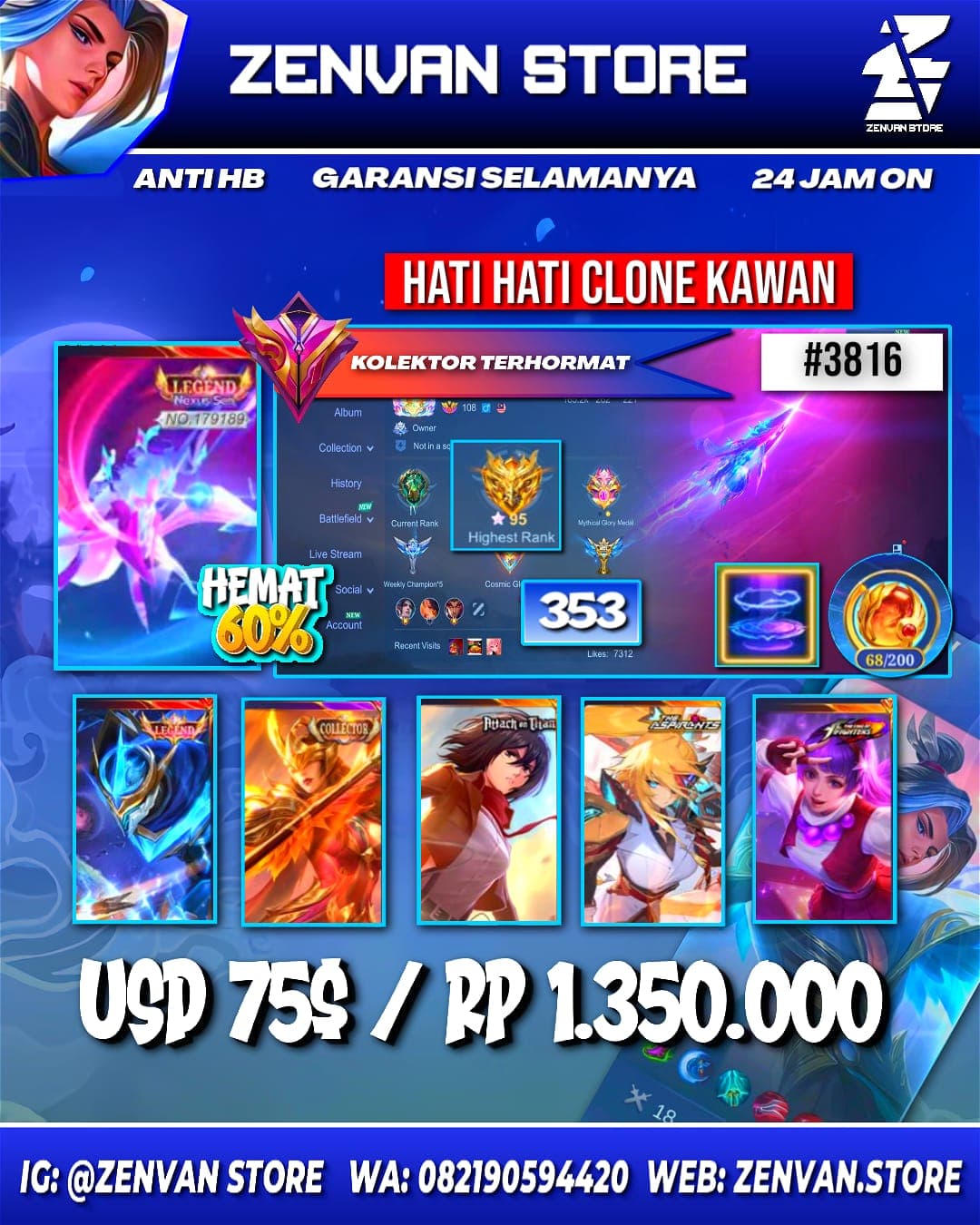 Foto akun ML #3816 🔥 353 Skins 🔥 Legends Layla & Gusion 🔥 Collectors Pharsa & Natalia 🔥 Attack on Titan Mikasa 🔥 Aspirant Lesley 🔥 Stun Selena 🔥 M-World Ling 🔥 Transformers Roger & X Borg 🔥 KoF Dyroth, Gu - gambar 1