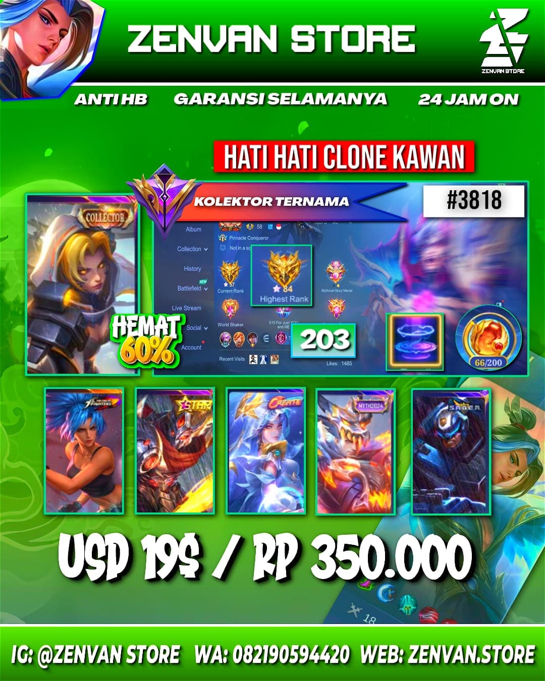 Foto akun ML #3818 🔥 203 Skins 🔥 Collector Natalia 🔥 Stun Chou 🔥 SpongeBob 🔥 KoF Karina 🔥 Many Epic 🔥 Safe Account ✅ - gambar 1