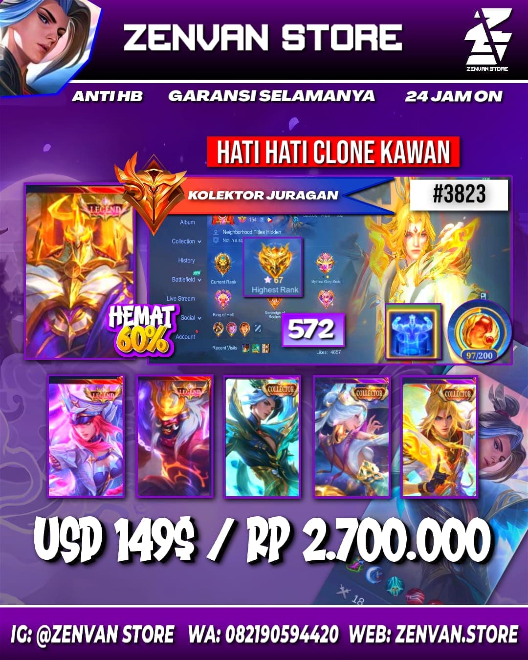 Foto akun ML #3823 🔥 572 Skins 🔥 Legends Jhonson, Freya & Franco 🔥 Collectors Ling, Alice, Xavier, Benedetta, Jawhead & Natalia 🔥 Naruto 🔥 Soul Vessel Cecilion & Aamon 🔥 Hunter x Hunter Cecilion 🔥 Aspirant - gambar 1