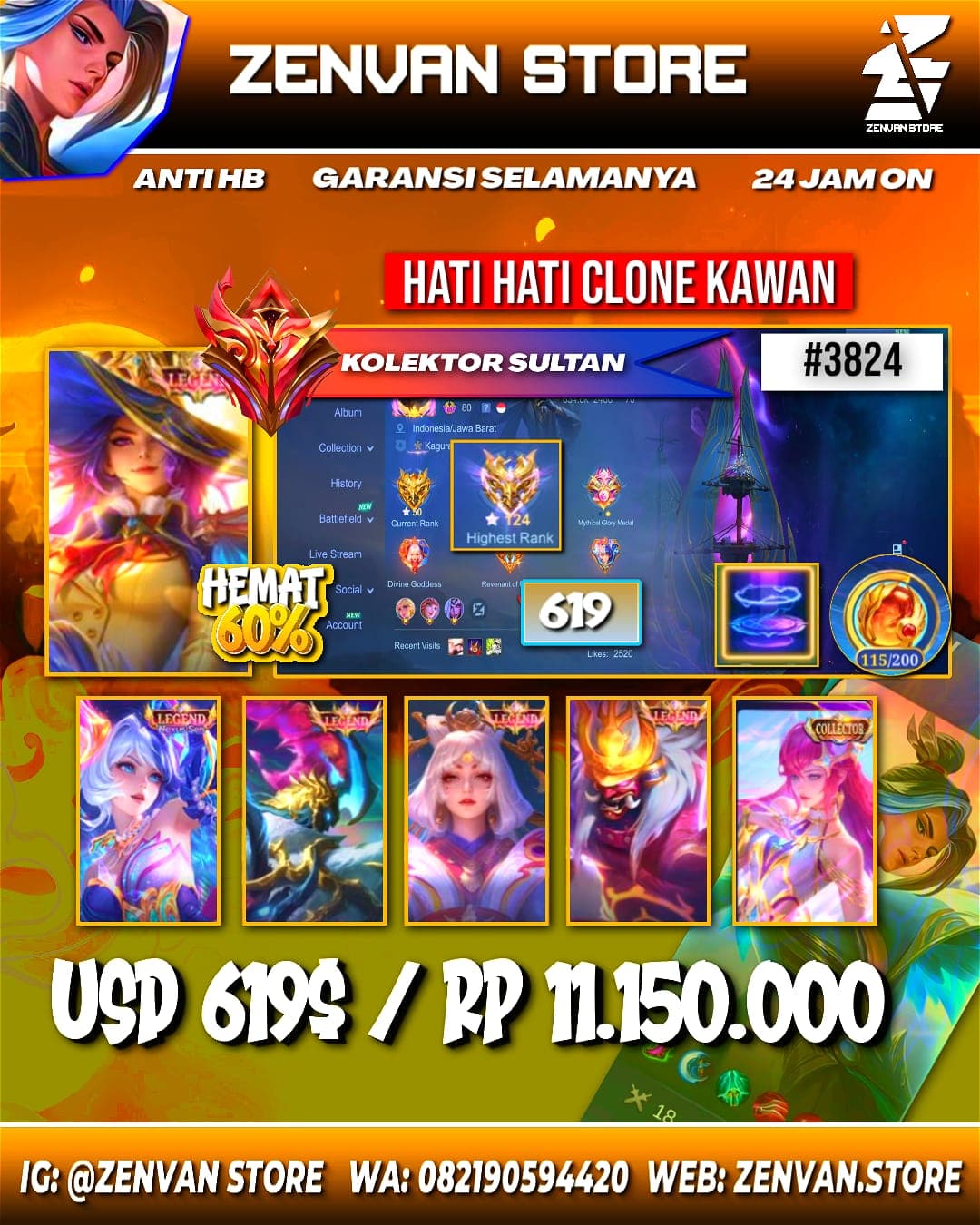 Foto akun ML #3824 🔥 619 Skins 🔥 Legends Lesley, Layla, Alpha, Lunox & Franco 🔥 Massive Collector Stack 🔥 Soul Vessel Hanabi, Cecilion & Aamon 🔥 Kinshin Lance & Angela 🔥 Neobeast Pharsa & Lylia 🔥 Zero Roger - gambar 1