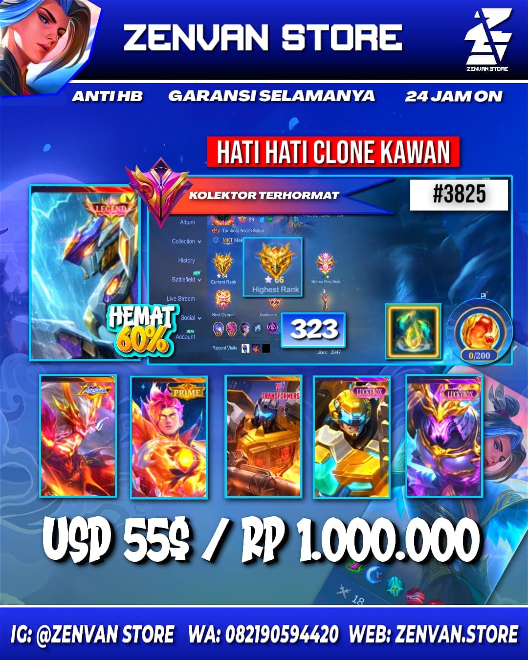 #3825 🔥 323 Skins 🔥 Legend Saber 🔥 Internal Moskov 🔥 Prime Claude 🔥 Transformers Roger 🔥 KoF Karina 🔥 Many Limited 🔥 Many Epic 🔥 Safe Account ✅