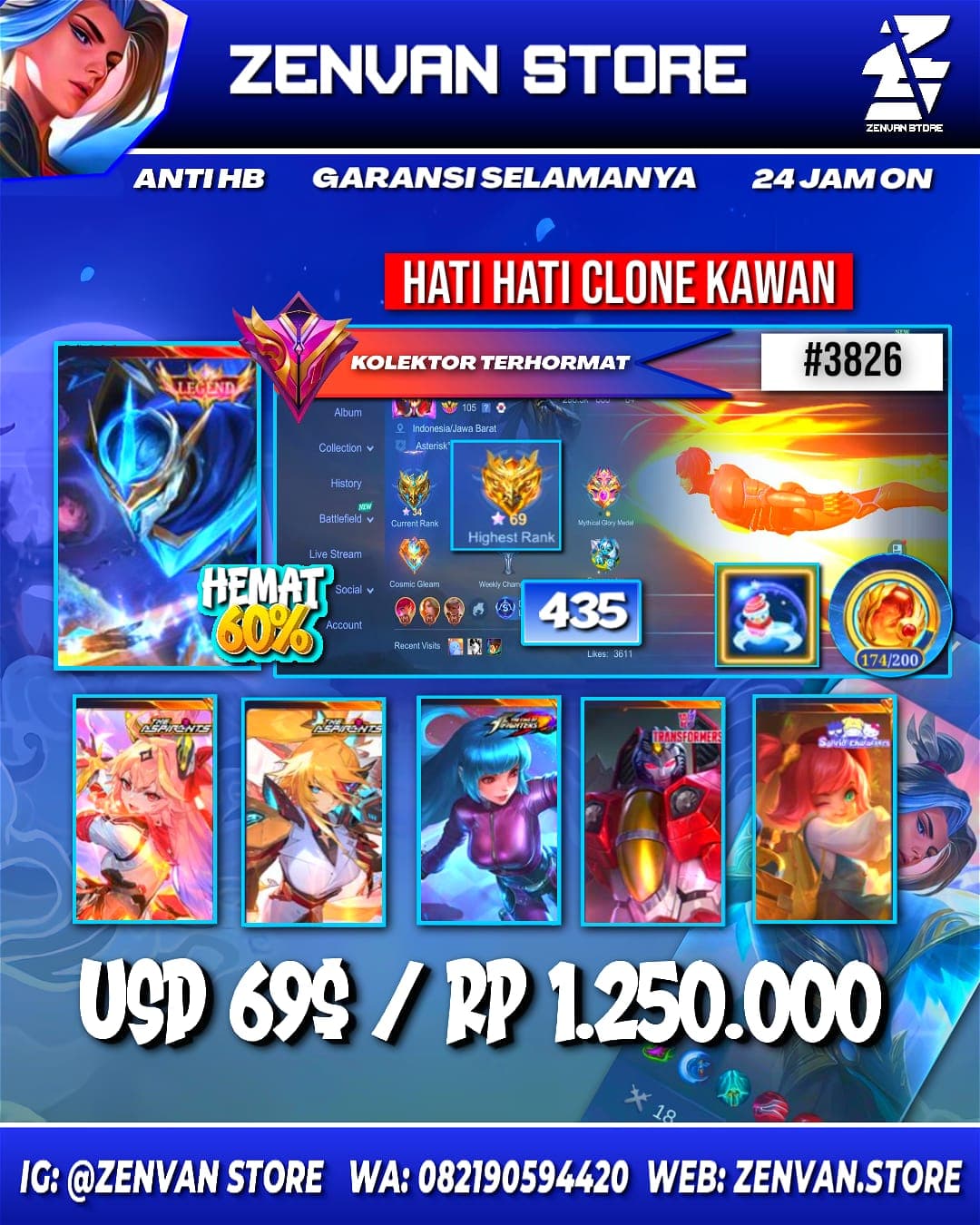 #3826 🔥 435 Skins 🔥 Legend Gusion 🔥 Collector Natalia 🔥 Aspirant Guinevere & Lesley 🔥 Sanrio Chang’e & Floryn 🔥 Prime Claude, Granger & Beatrix 🔥 Transformers Aldous & Roger 🔥 SpongeBob 🔥 KoF