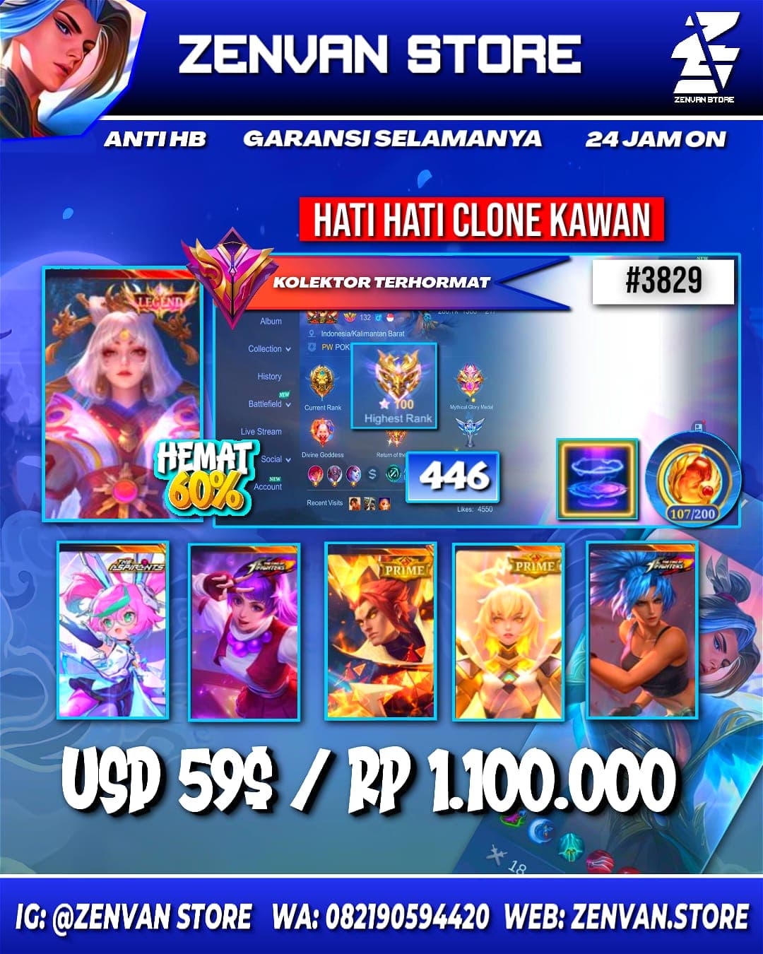#3829 🔥 446 Skins 🔥 Legend Lunox 🔥 Collector Natalia 🔥 Aspirant Chang’e 🔥 Prime Yu Zhong & Beatrix 🔥 M-World Ling 🔥 SpongeBob 🔥 KoF Guinevere & Karina 🔥 Many Limited 🔥 Many Zodiacs 🔥 Many E