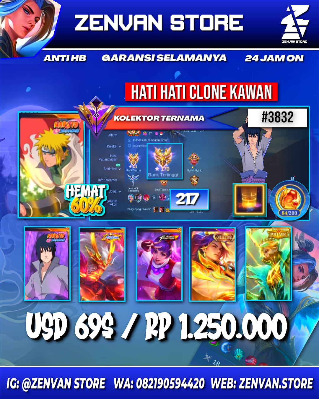 Foto akun ML #3832 🔥 217 Skins 🔥 Collector Arlot & Natalia 🔥 Minato 🔥 Sasuke 🔥 Internal Moskov 🔥 KoF Guinevere & Karina 🔥 Prime Granger 🔥 Many Limited 🔥 Many Zodiac 🔥 Many Epic 🔥 Safe Account ✅ - gambar 1