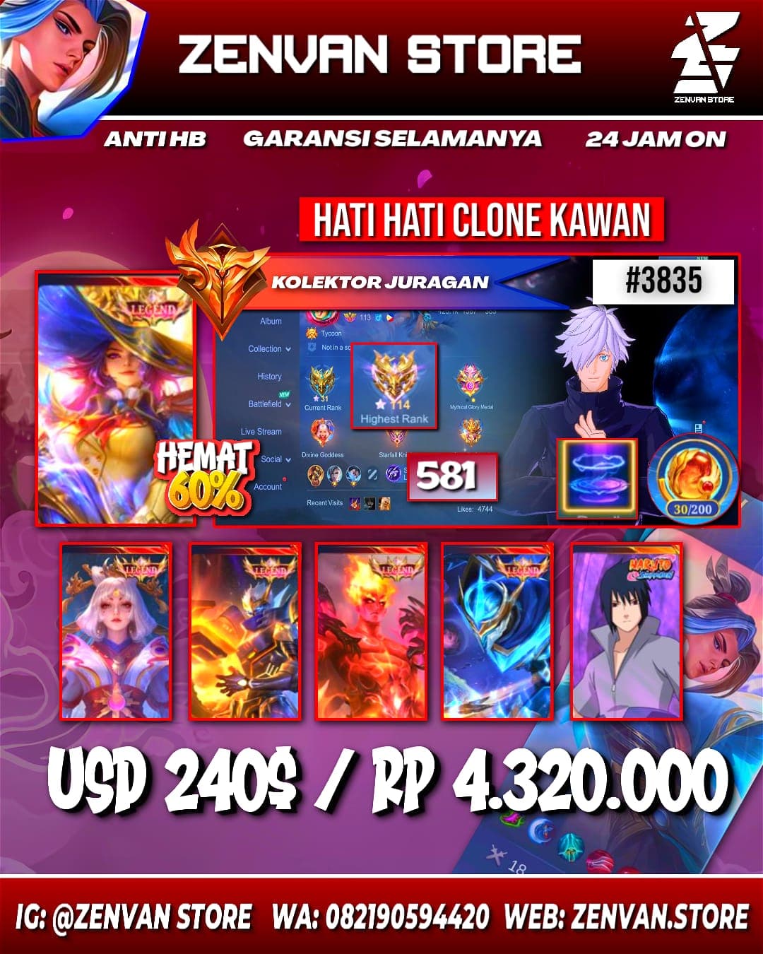 #3835 🔥 581 Skins 🔥 Legend Lesley, Lunox, Gusion, Granger & Valir 🔥 Collector Xavier, Harith, Hanzo & Lapu 🔥 Sasuke 🔥 Sakura 🔥 11.11 Nolan 🔥 Hunter X Hunter