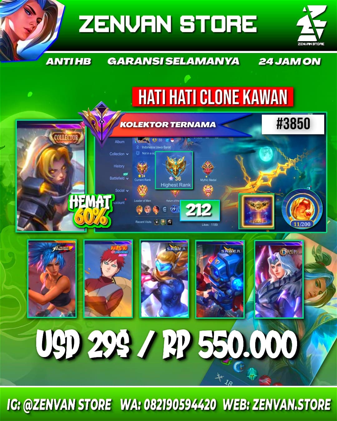 Foto akun ML #3850 🔥 212 Skins 🔥 Collector Natalia 🔥 SpongeBob 🔥 KoF Karina 🔥 Gara 🔥 Many Epic 🔥 Safe Account ✅ - gambar 1