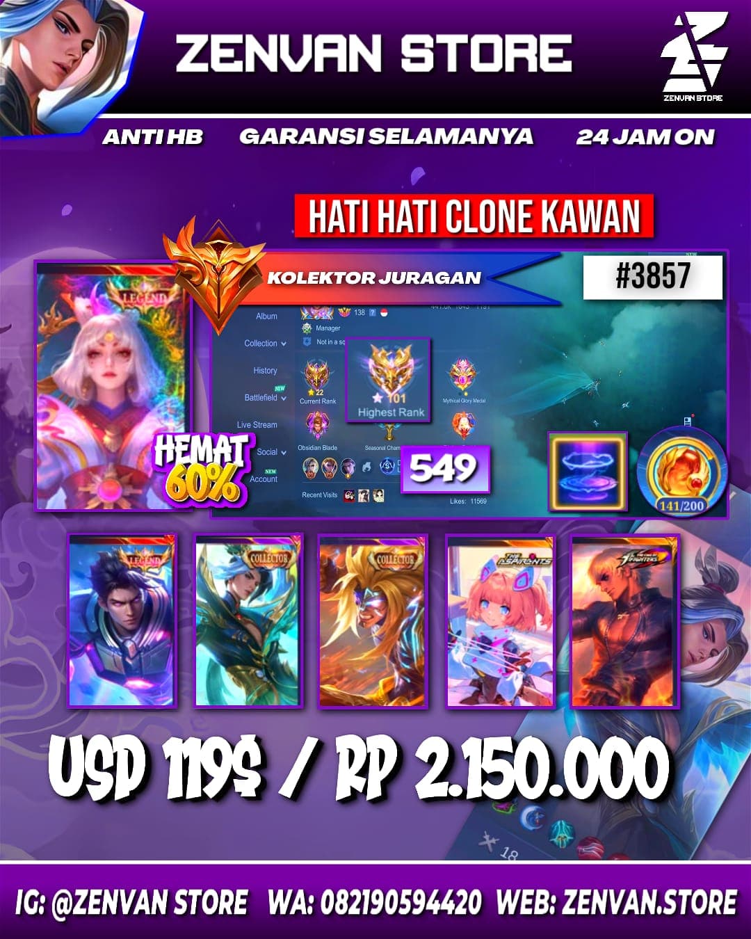 #3857 🔥 549 Skins 🔥 Legend Lunox & Alucard 🔥 Collector Ling, Badang & Natalia 🔥 Aspirant Angela 🔥