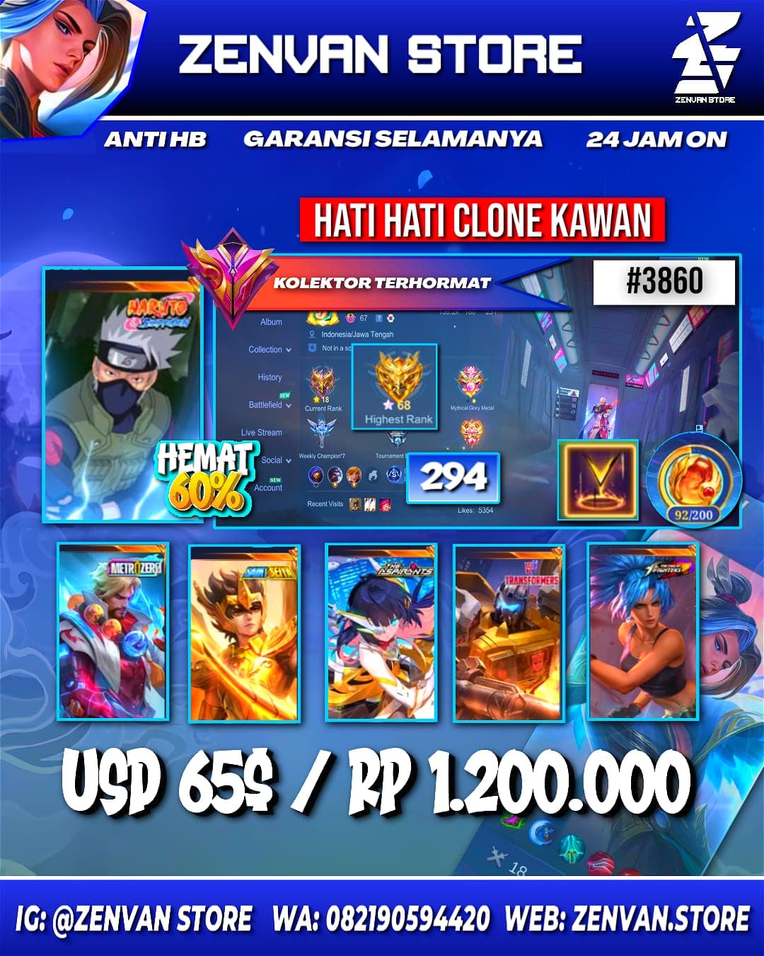 #3860 🔥 294 Skins 🔥 Collector Natalia 🔥 Kakashi 🔥 Zero Roger 🔥 Saint Seiya Badang 🔥 SpongeBob