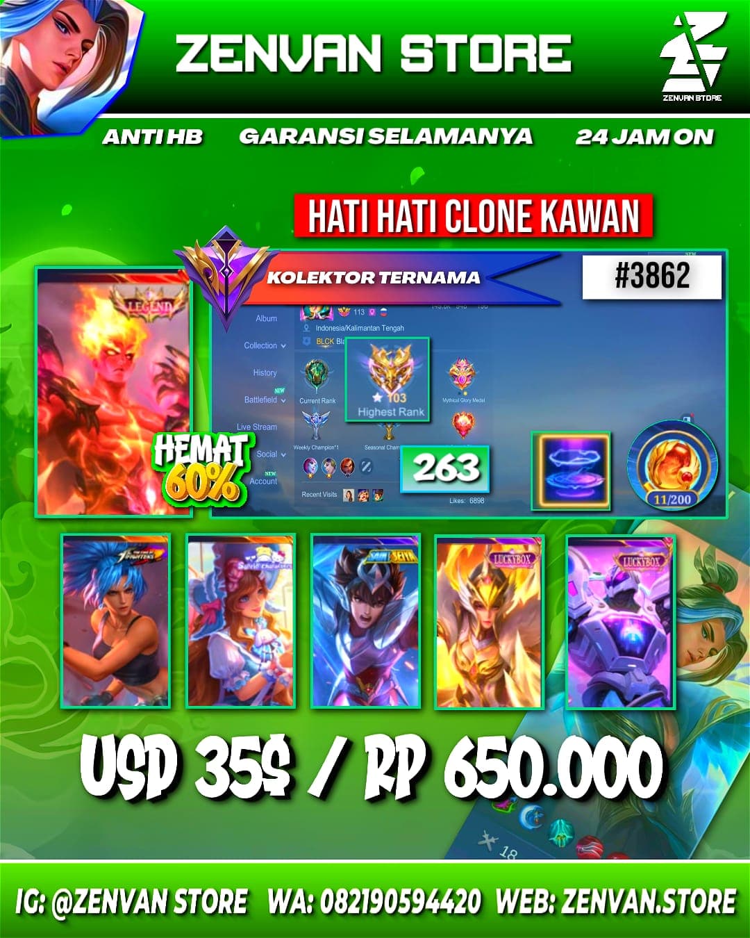 #3862 🔥 263 Skins 🔥 Legend Valir 🔥 KoF Karina 🔥 Sanrio Floryn 🔥 M World Wanwan 🔥 Many Limited 🔥 Many Zodiac 🔥