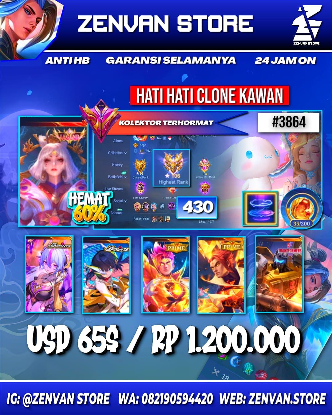 #3864 🔥 430 Skins 🔥 Legend Lunox 🔥 Collector Natalia 🔥 Aspirant Vexana & Ruby 🔥 Full Prime 🔥 Stun Brody 🔥