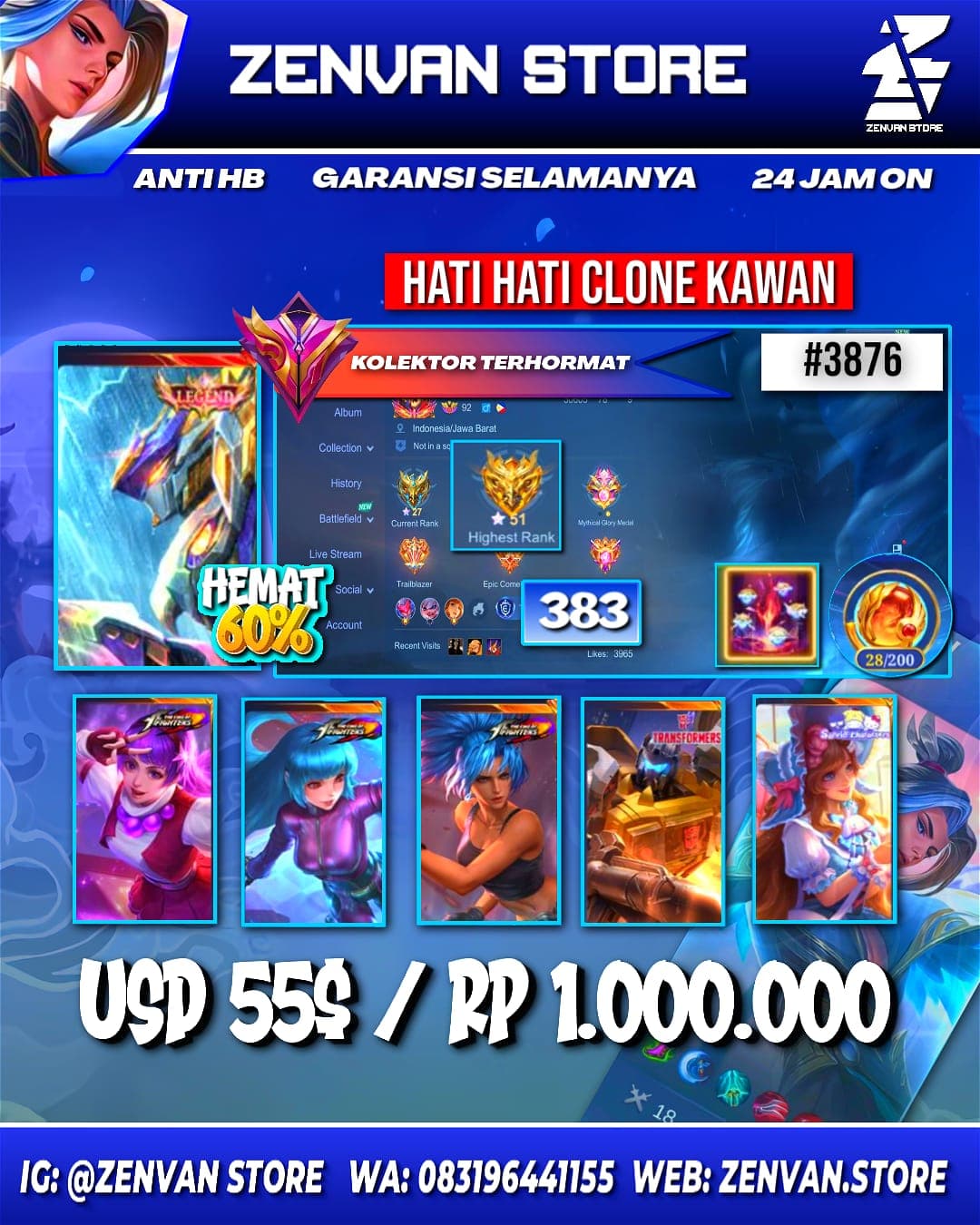 Foto akun ML 🔥 #3876 🔥 383 Skins 💎 Legend Saber 👑 Collector Natalia ⚔️ KoF Guinevere, Aurora & Karina ⭐ SpongeBob ✅ Safe Account - gambar 1