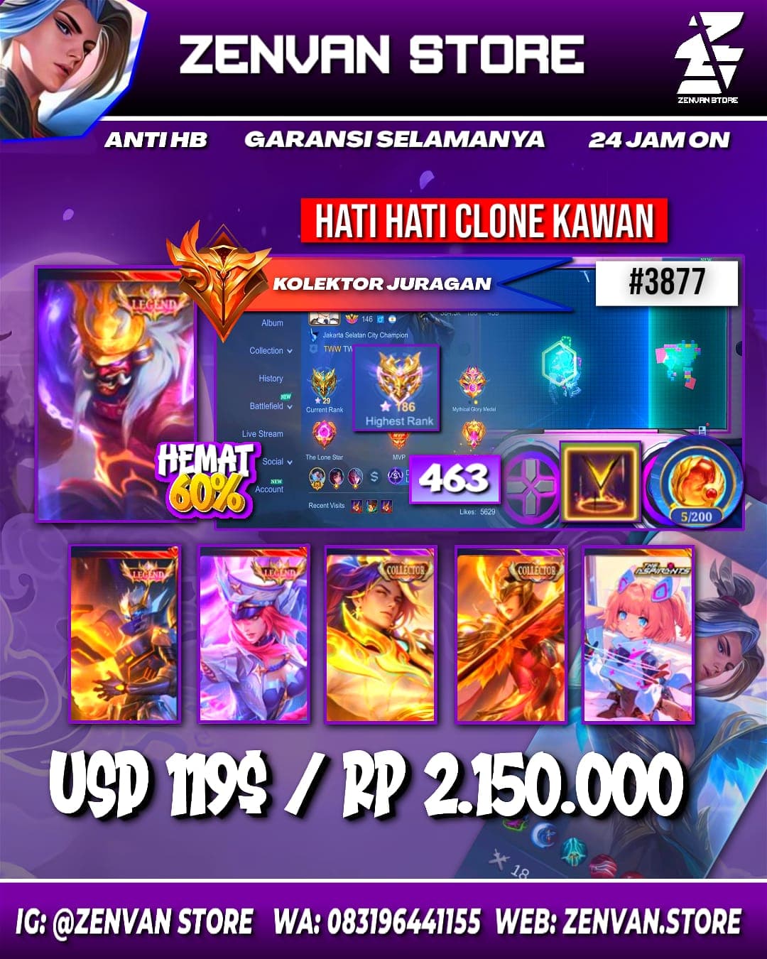 🔥 #3877 🔥 463 Skins 💎 Legend Freya, Franco & Granger 👑 Collector Arlot, Pharsa & Natalia ⚔️ Aspirant Angela ✅ Safe Account