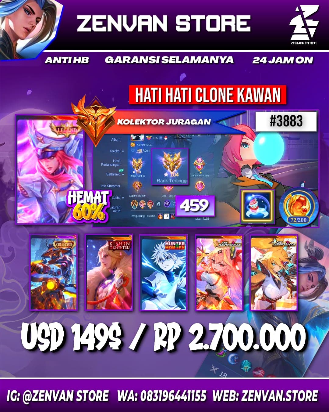 Foto akun ML 🔥 #3883 🔥 459 Skins 💎 Legend Freya 👑 Collector Yin Shun Shin & Natalia ⚔️ Kinsin Lance ⭐ HunterxHunter Killua & Gon ✅ Safe Account - gambar 1