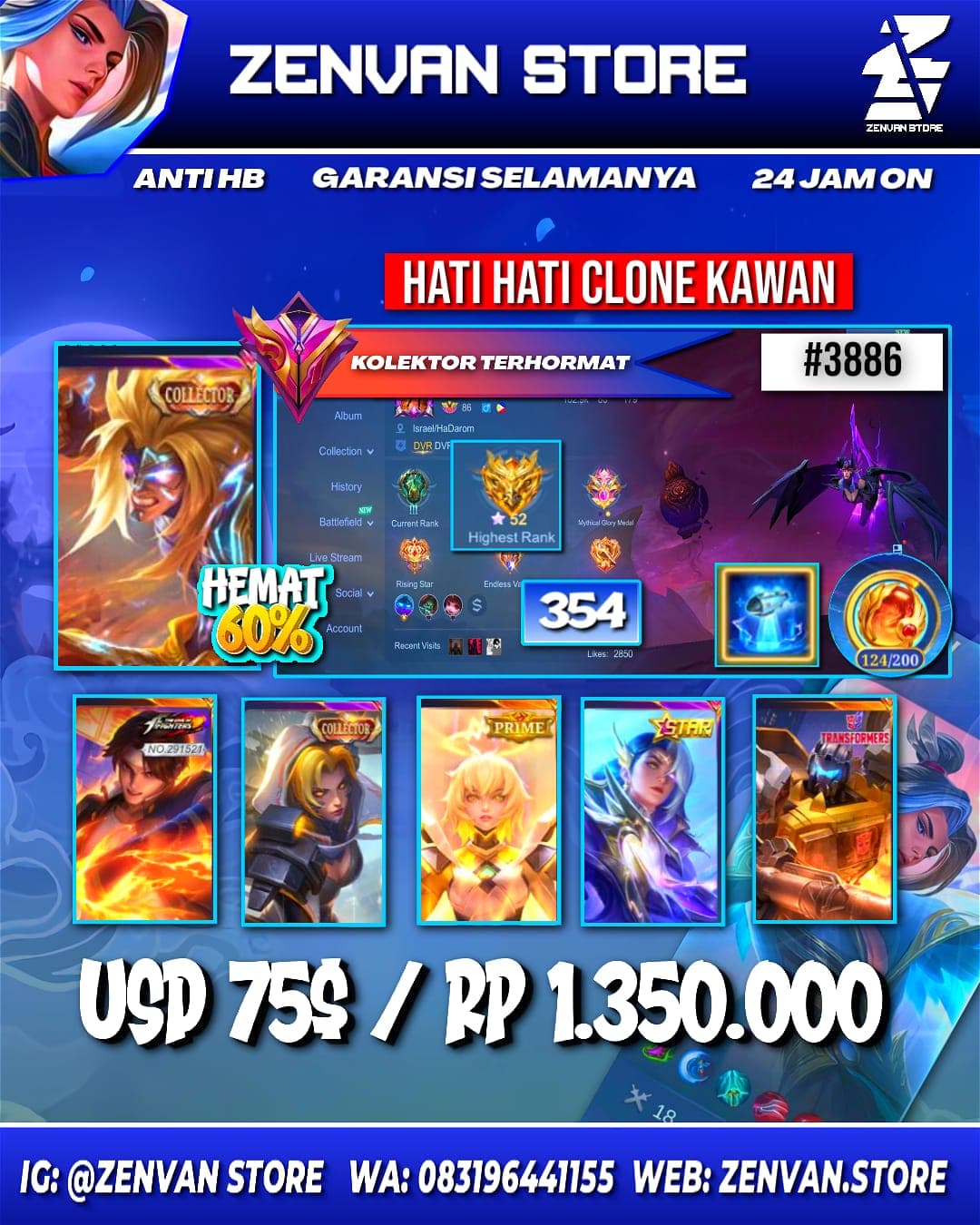 Foto akun ML 🔥 #3886 🔥 354 Skins 💎 Collector Badang & Natalia 👑 KoF Valir & Karina ⚔️ Prime Beatrix ⭐ M World Ling ✅ Safe Account - gambar 1