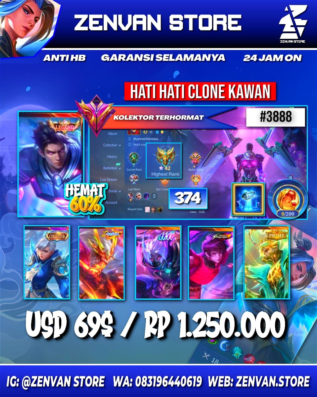 Foto akun ML 🔥 #3888 🔥 374 Skins 💎 Legend Alucard 👑 Collector Silvana & Natalia ⚔️ Internal Moskov ⭐ 11.11 Hayabusa 🌟 KoF Dyrot & Karina 🎯 Prime Granger, Claude, Yu Zhong & Beatrix ✨ Many Limited 🔱 Many Zodi ✅ Safe Account - gambar 1