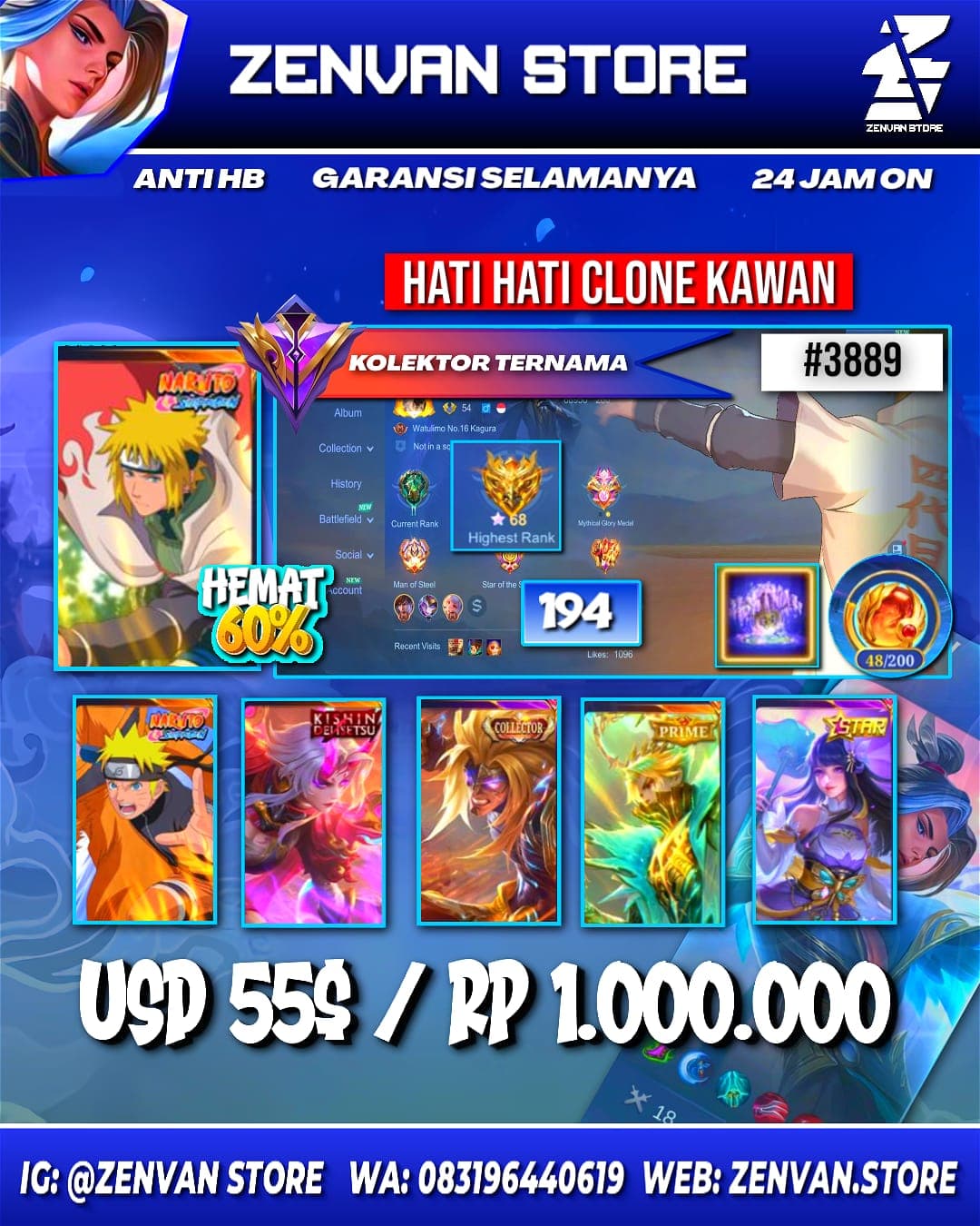 Foto akun ML 🔥 #3889 🔥 194 Skins 💎 Collector Badang & Natalia 👑 Minato ⚔️ Naruto ⭐ Kinsin Karrie 🌟 Prime Granger 🎯 SpongeBob ✨ KoF Karina 🔱 Clouds Kagura 💎 Many Limited 👑 Many Epic ✅ Safe Account - gambar 1